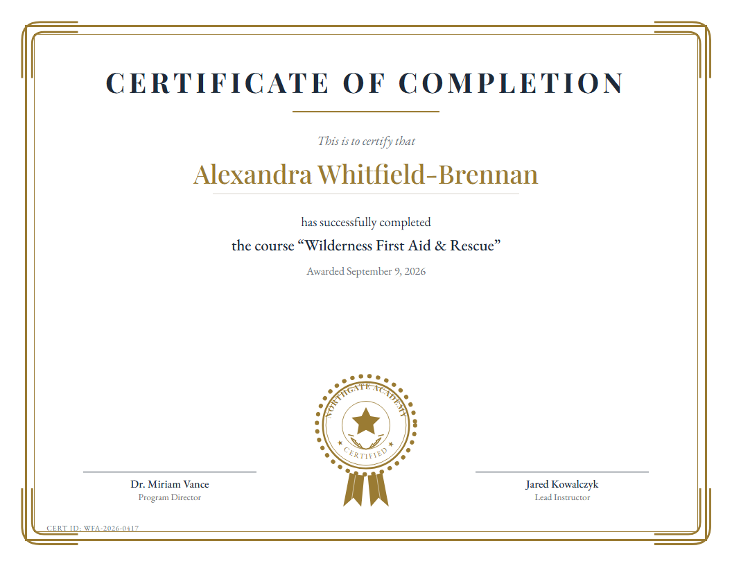 Example certificate for Alexandra Whitfield-Brennan